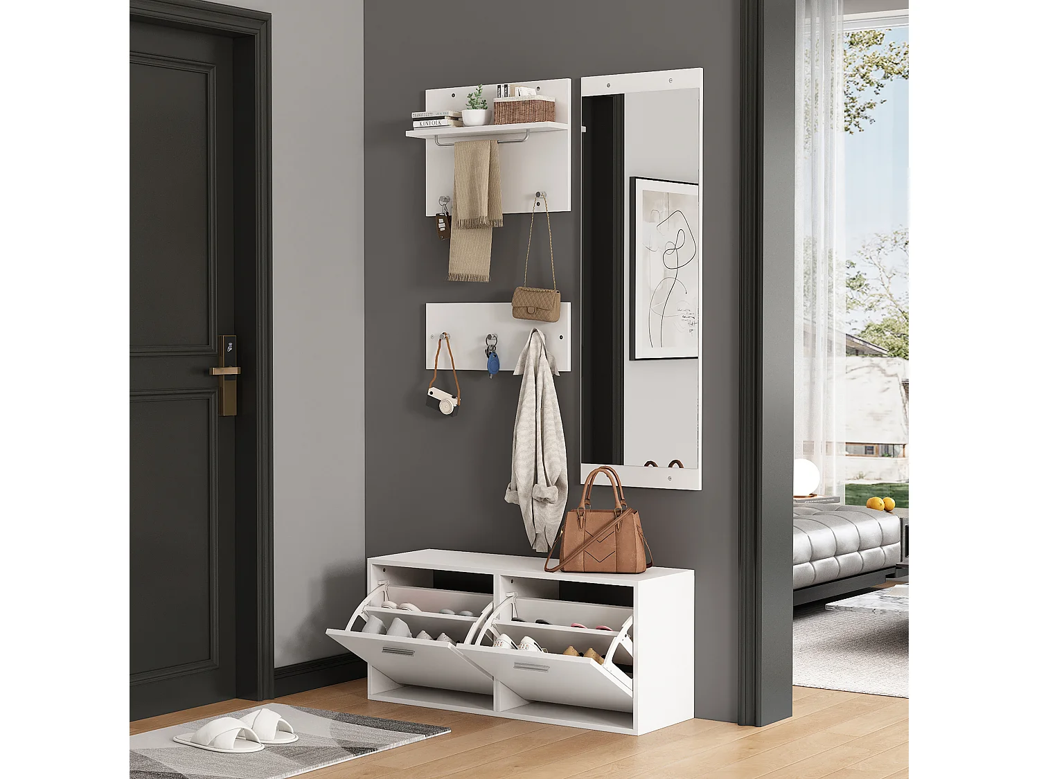 Ensemble de meubles d'entrée - Miroir, 6 patères et meuble à chaussures - Bois en PB - Blanc