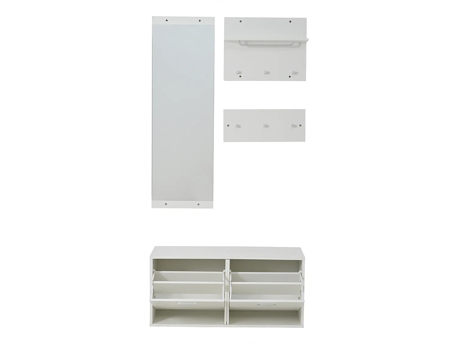 Ensemble de meubles d'entrée - Miroir, 6 patères et meuble à chaussures - Bois en PB - Blanc