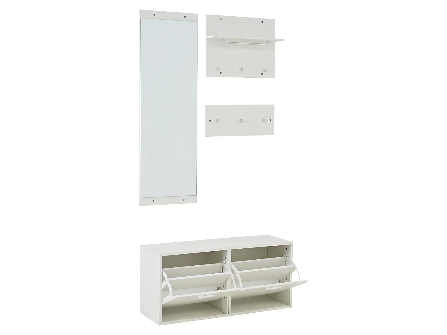 Ensemble de meubles d'entrée - Miroir, 6 patères et meuble à chaussures - Bois en PB - Blanc