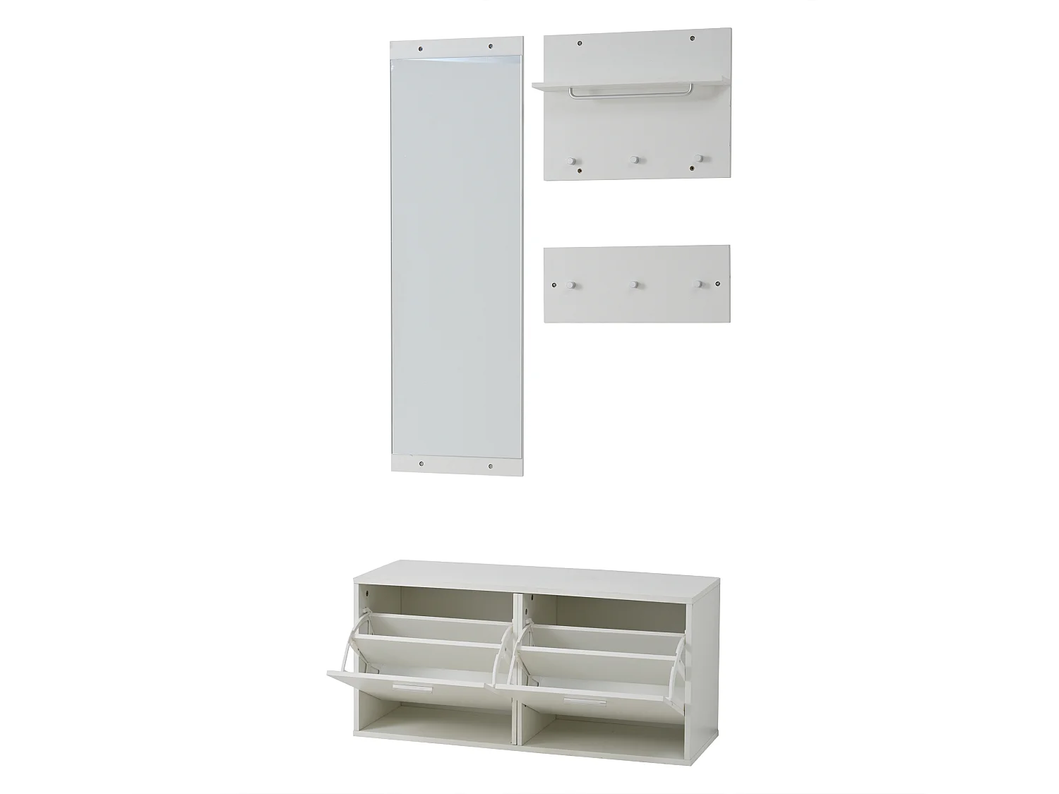 Ensemble de meubles d'entrée - Miroir, 6 patères et meuble à chaussures - Bois en PB - Blanc