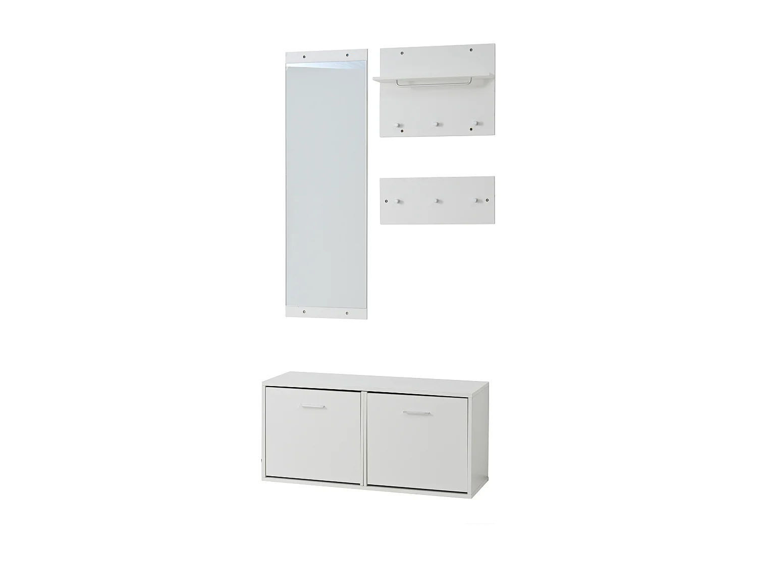 Ensemble de meubles d'entrée - Miroir, 6 patères et meuble à chaussures - Bois en PB - Blanc