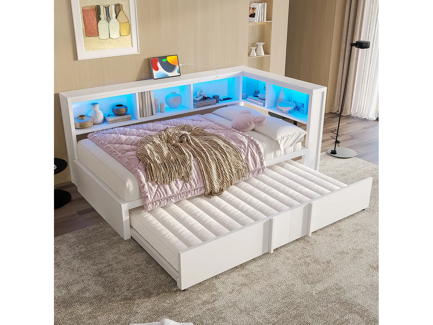 Dagbed 90x200cm met uitschuifbaar bed 90x190cm - LED, USB en opbergruimte - Metaal en MDF - Wit