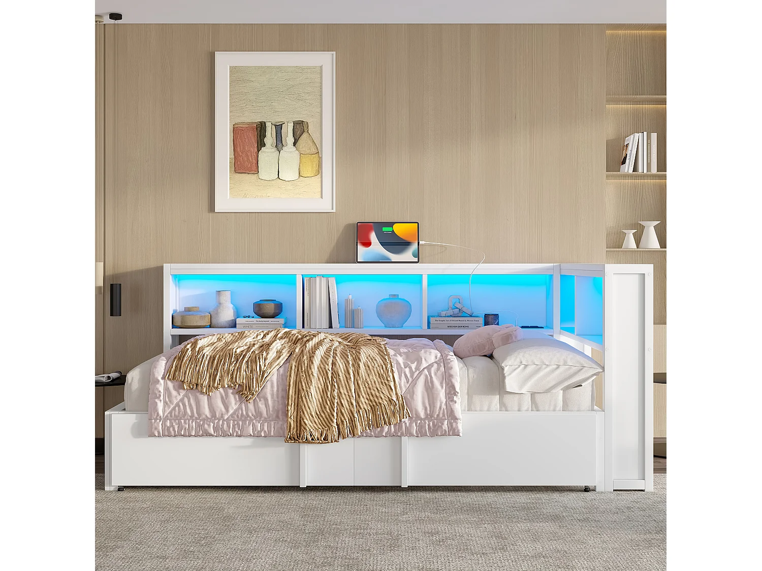 Dagbed 90x200cm met uitschuifbaar bed 90x190cm - LED, USB en opbergruimte - Metaal en MDF - Wit