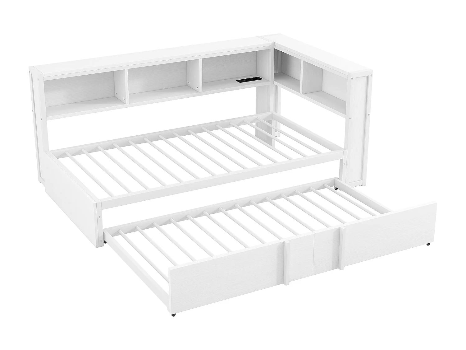 Dagbed 90x200cm met uitschuifbaar bed 90x190cm - LED, USB en opbergruimte - Metaal en MDF - Wit