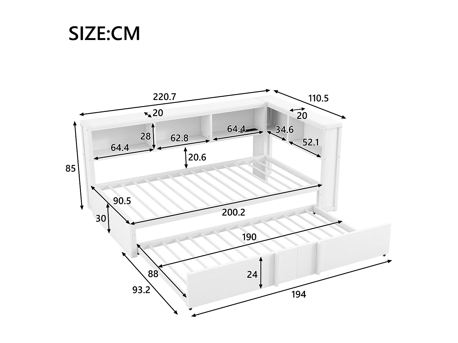 Dagbed 90x200cm met uitschuifbaar bed 90x190cm - LED, USB en opbergruimte - Metaal en MDF - Wit