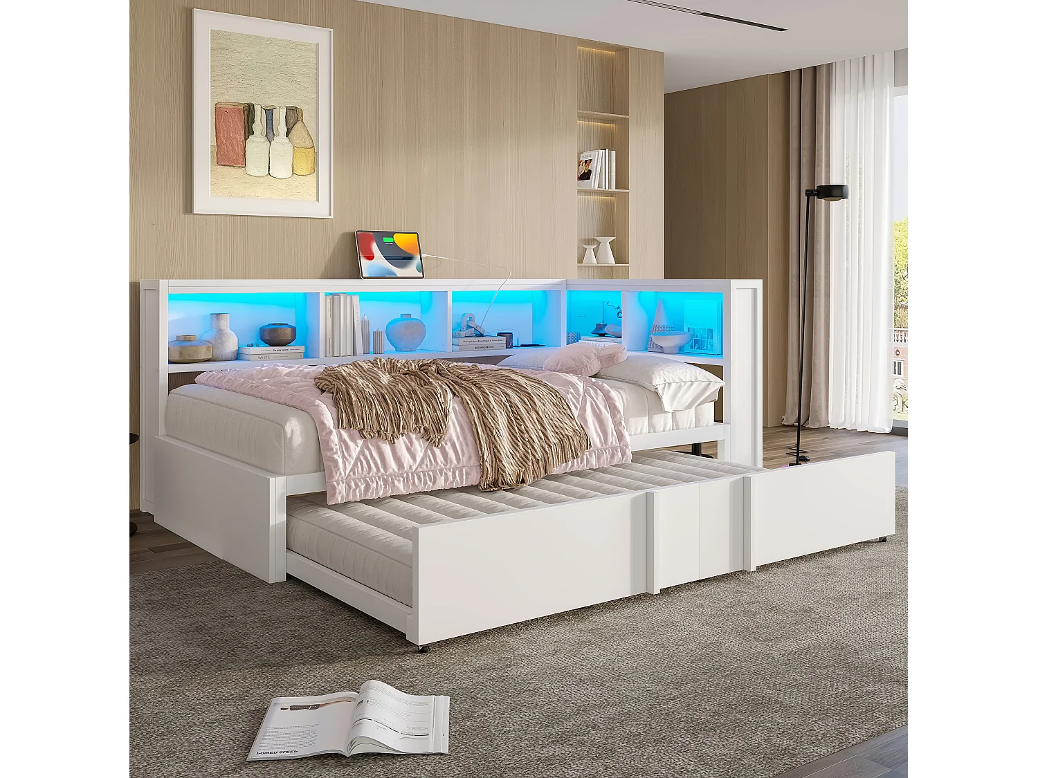 Dagbed 90x200cm met uitschuifbaar bed 90x190cm - LED, USB en opbergruimte - Metaal en MDF - Wit
