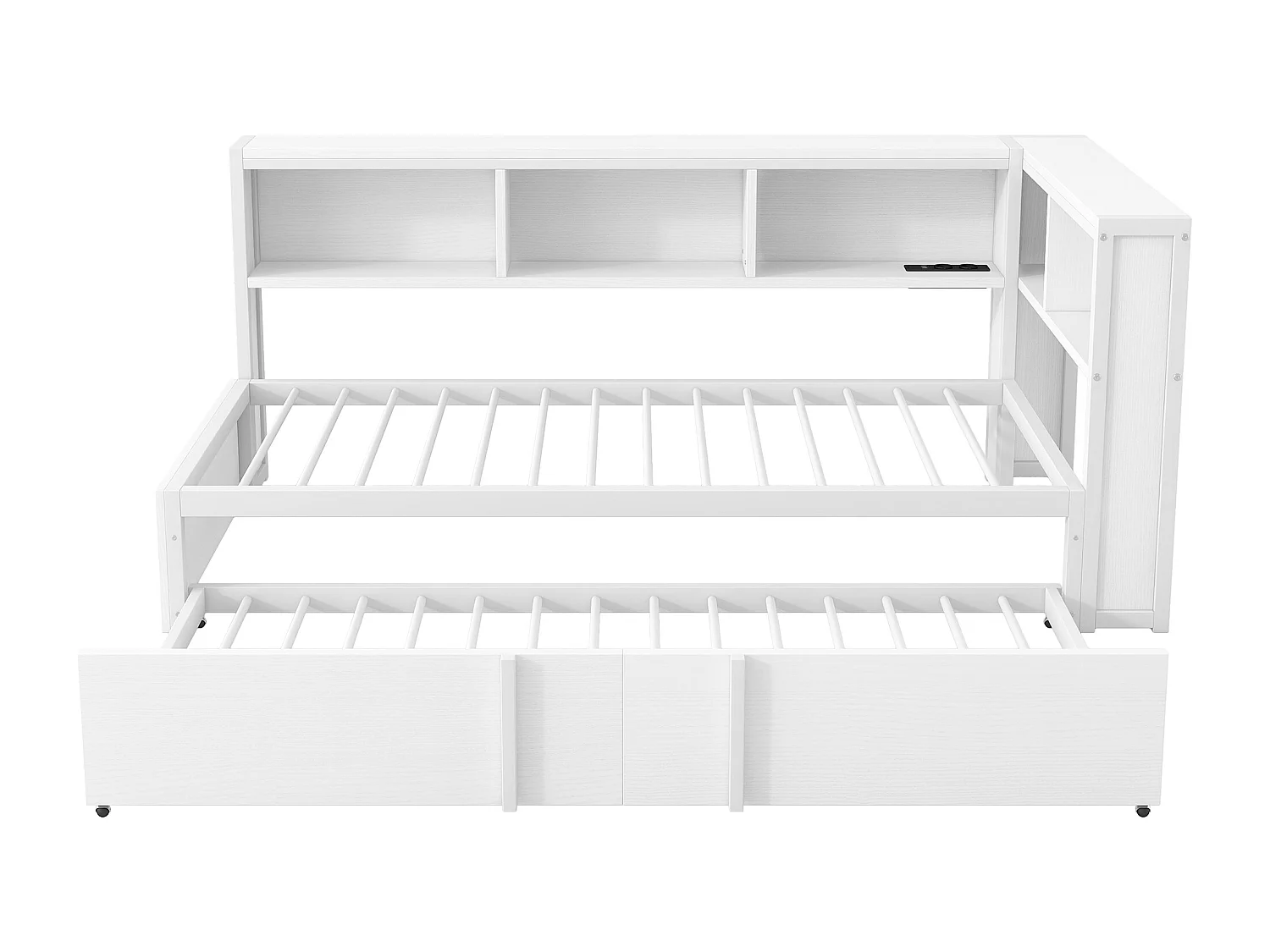 Dagbed 90x200cm met uitschuifbaar bed 90x190cm - LED, USB en opbergruimte - Metaal en MDF - Wit