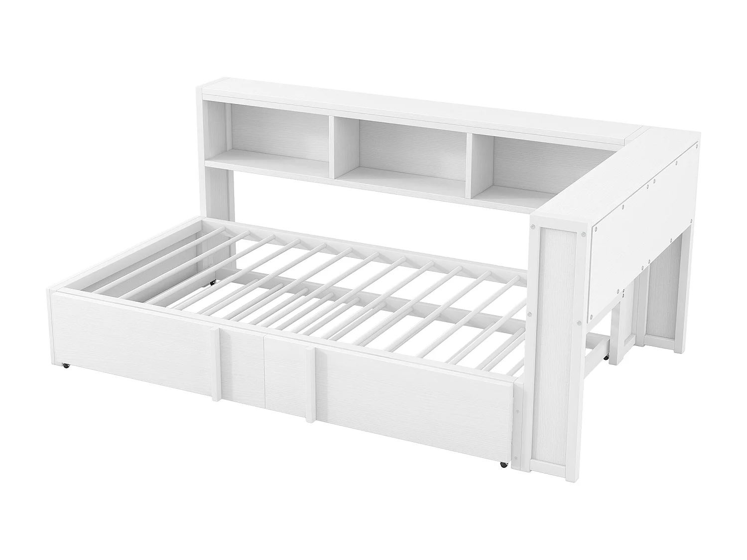 Dagbed 90x200cm met uitschuifbaar bed 90x190cm - LED, USB en opbergruimte - Metaal en MDF - Wit