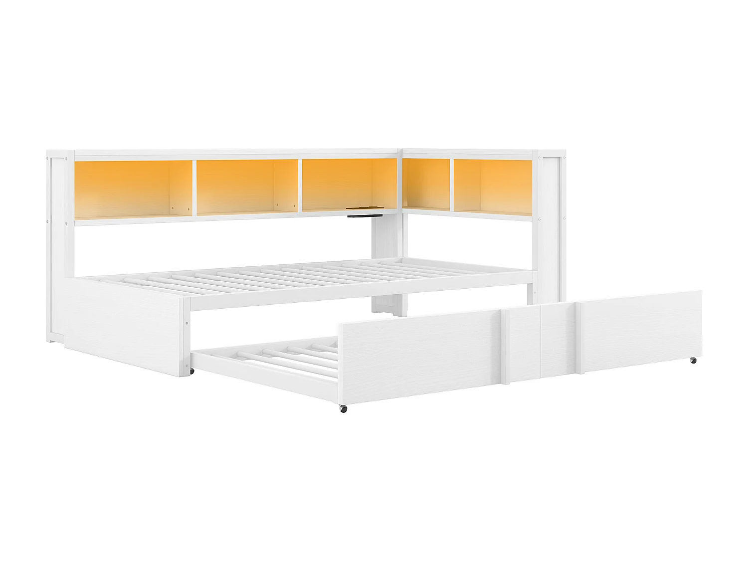 Dagbed 90x200cm met uitschuifbaar bed 90x190cm - LED, USB en opbergruimte - Metaal en MDF - Wit