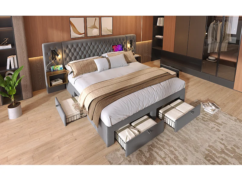 Cama doble adulto 160x200 cm en terciopelo beige - 2 mesitas de noche, lámpara de lectura y 4 cajones, USB (Colchón incluido)