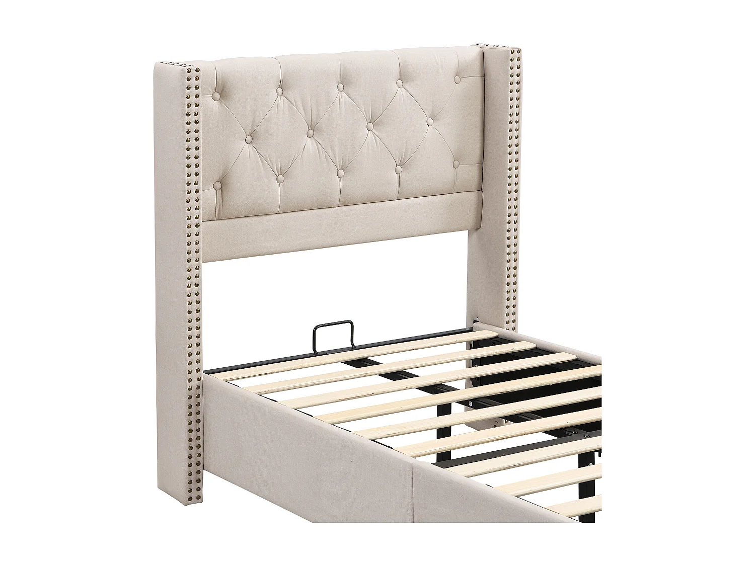 Letto per bambini 90x200cm in lino beige - Gambe in legno (materasso non incluso)