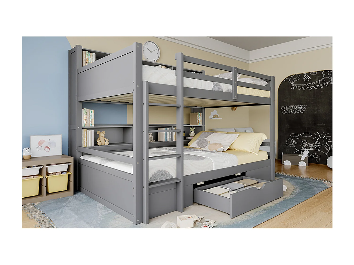 Kinderstapelbed 90 x 200 cm met lade en opbergvakken - Grenen en MDF - Grijs