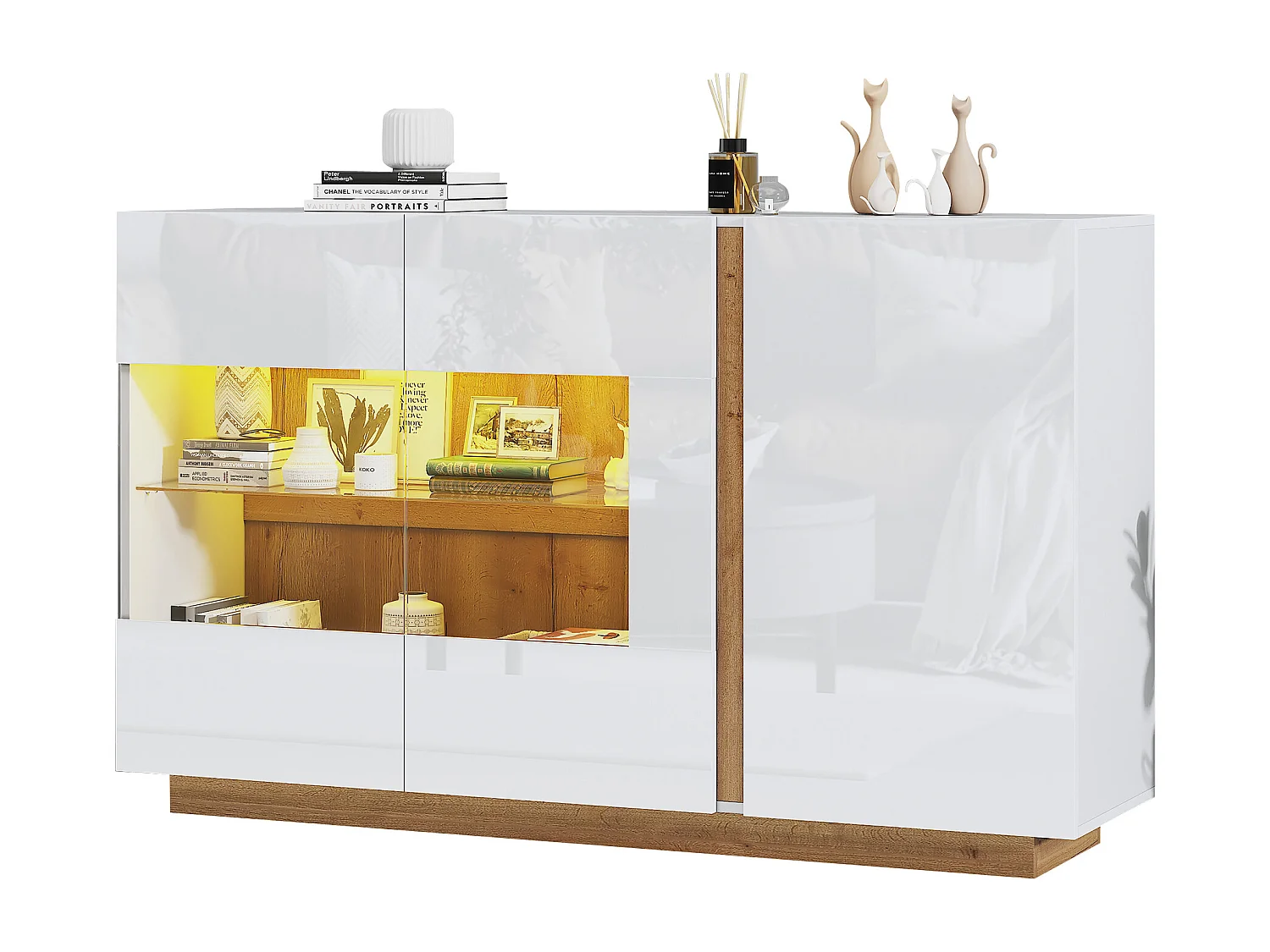 Buffet laqué blanc brillant avec 3 portes - Bois en PB et verre 138 x 38 x 90,5 cm