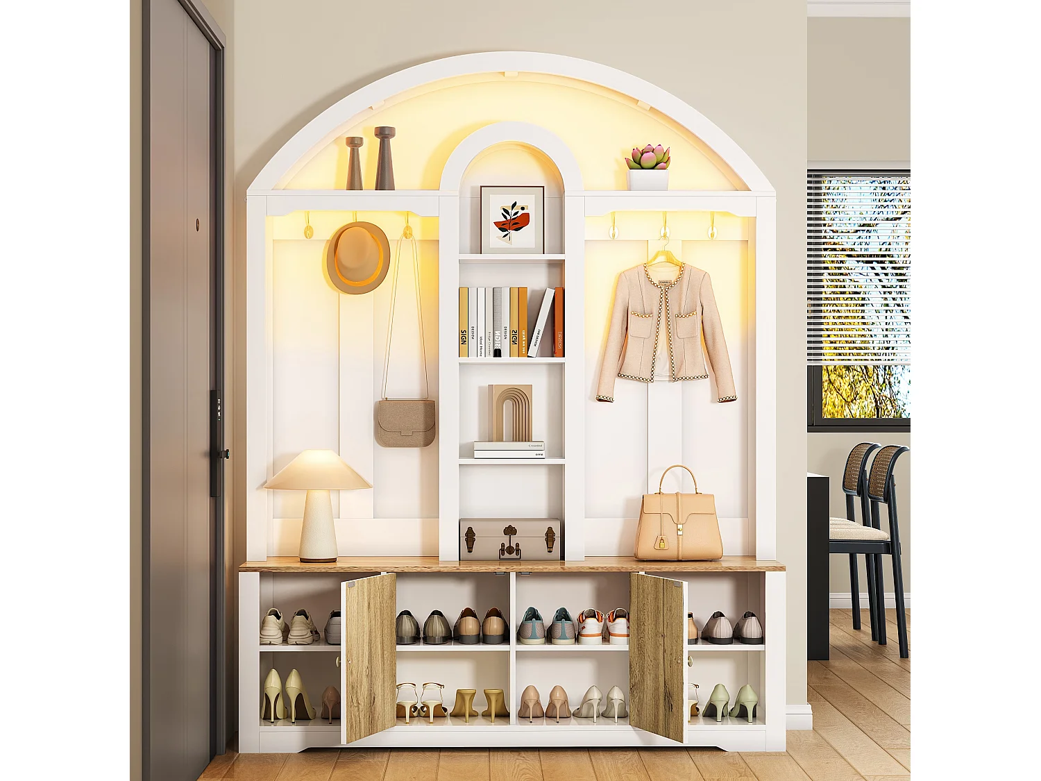 Vestiaire avec LED , chaussures, étagères et crochets - Bois en MDF - Noir et bois