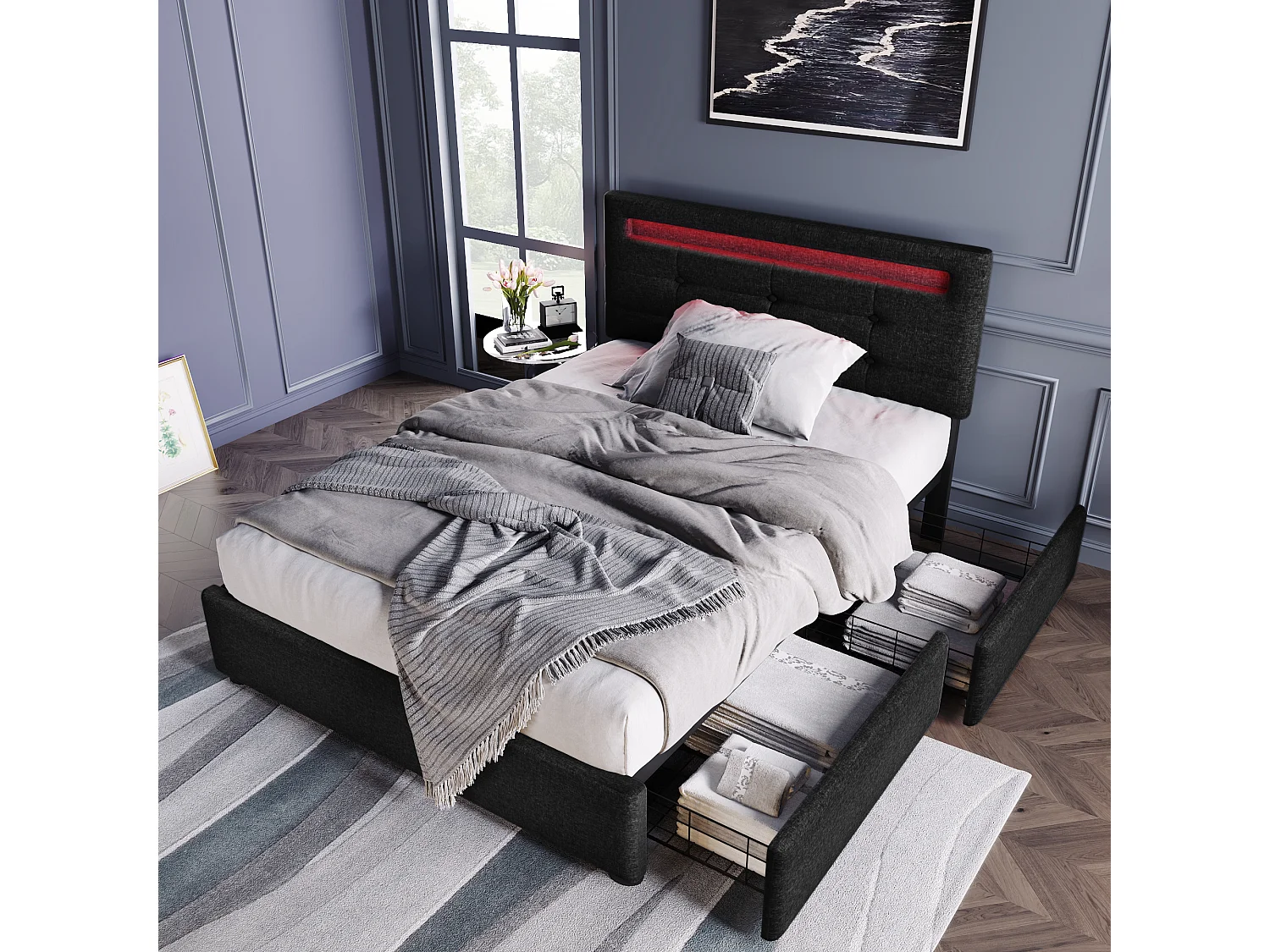 Letto per bambini 90x200 cm con 2 cassetti e illuminazione a LED - Testiera regolabile - Tessuto in lino nero (Materasso incluso)