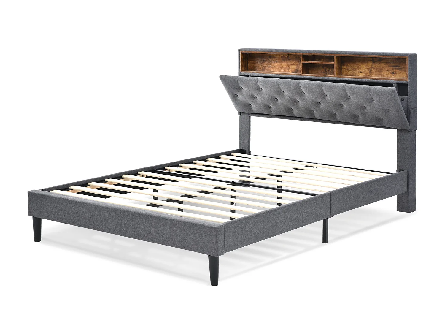 Letto matrimoniale 140x200cm con testiera contenitore e illuminazione a LED - Lino grigio (con materasso)