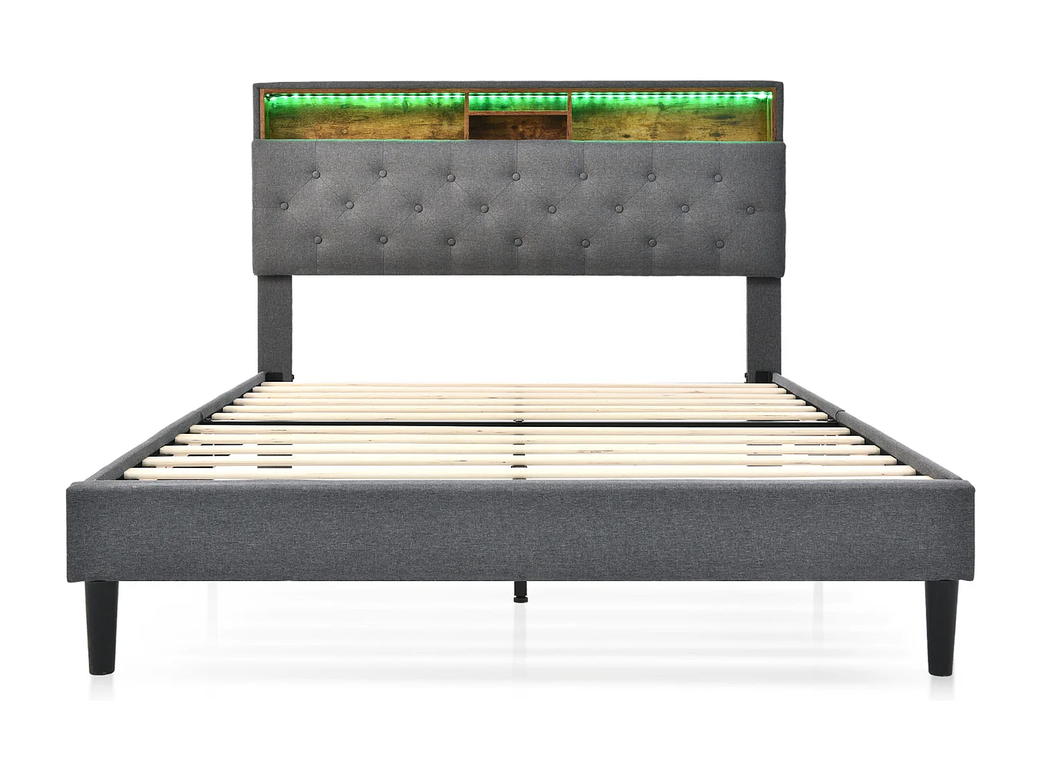 Letto matrimoniale 140x200cm con testiera contenitore e illuminazione a LED - Lino grigio (con materasso)