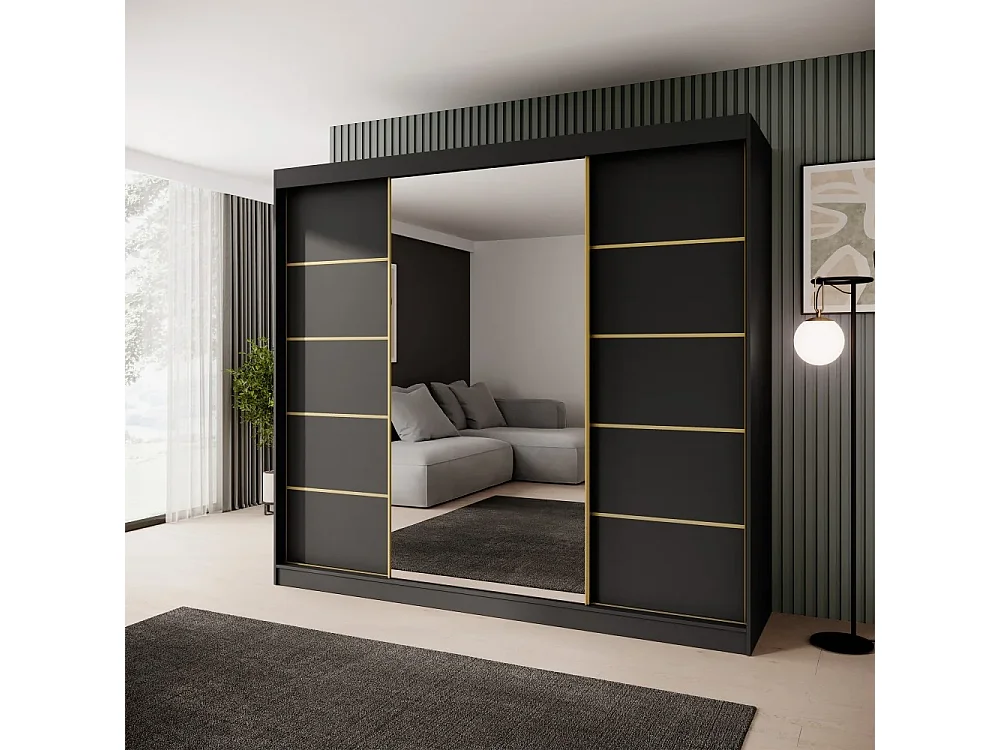 ARMOIRE À PORTES COULISSANTES Marika Lux, 3 PORTES, avec Tiroirs, Noir+Or, 240 cm