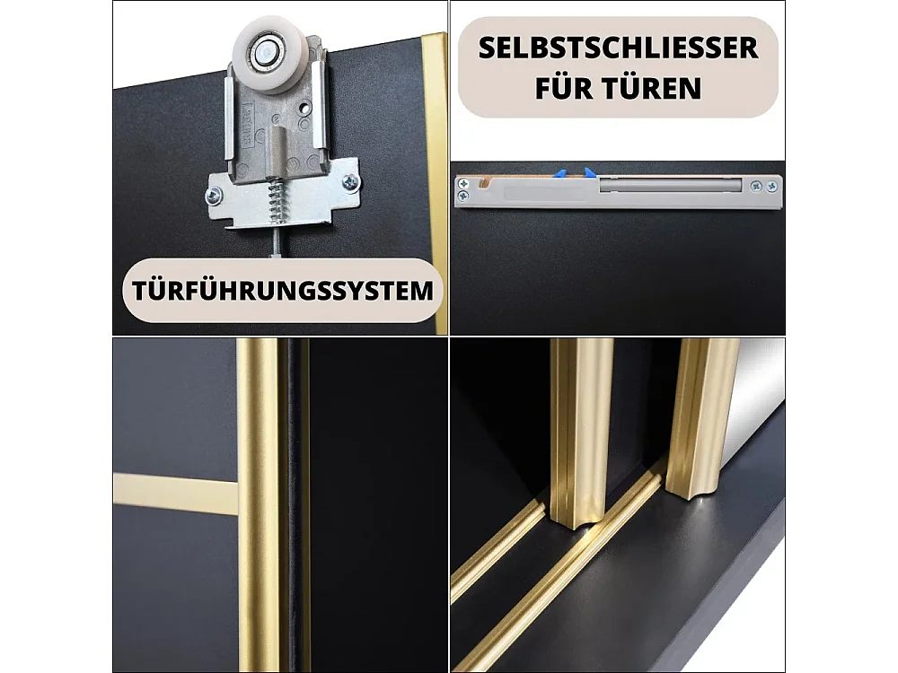 ARMOIRE À PORTES COULISSANTES Marika Lux, 3 PORTES, avec Tiroirs, Noir+Or, 240 cm