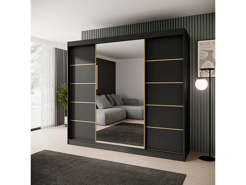 ARMOIRE À PORTES COULISSANTES Marika Lux, 3 PORTES, avec Tiroirs, Noir+Or, 240 cm