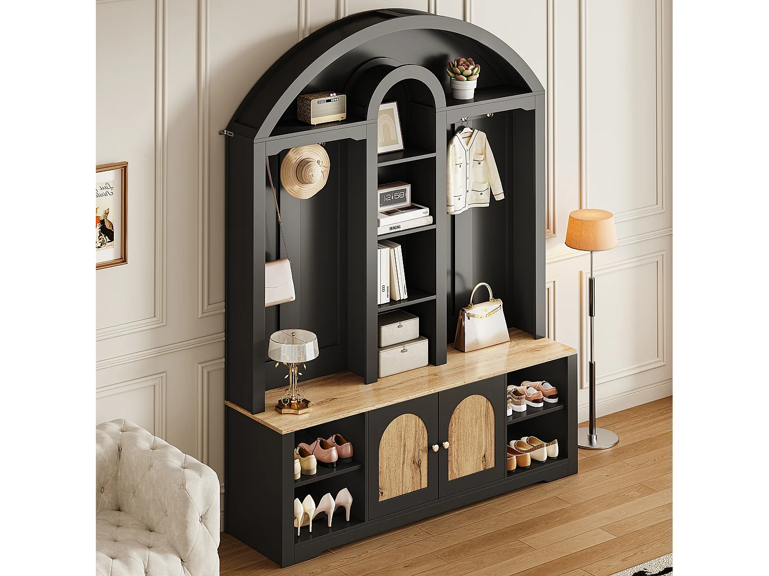 Kledingkast met ledverlichting, schoenenopbergruimte, planken en haken - MDF-hout - Wit en hout