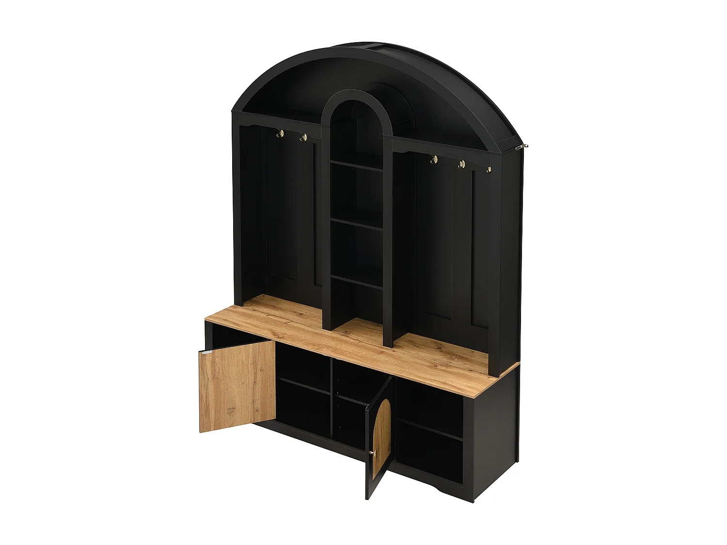 Kledingkast met ledverlichting, schoenenopbergruimte, planken en haken - MDF-hout - Wit en hout