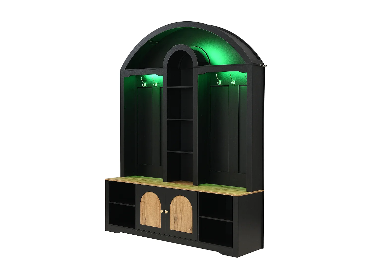 Kledingkast met ledverlichting, schoenenopbergruimte, planken en haken - MDF-hout - Wit en hout