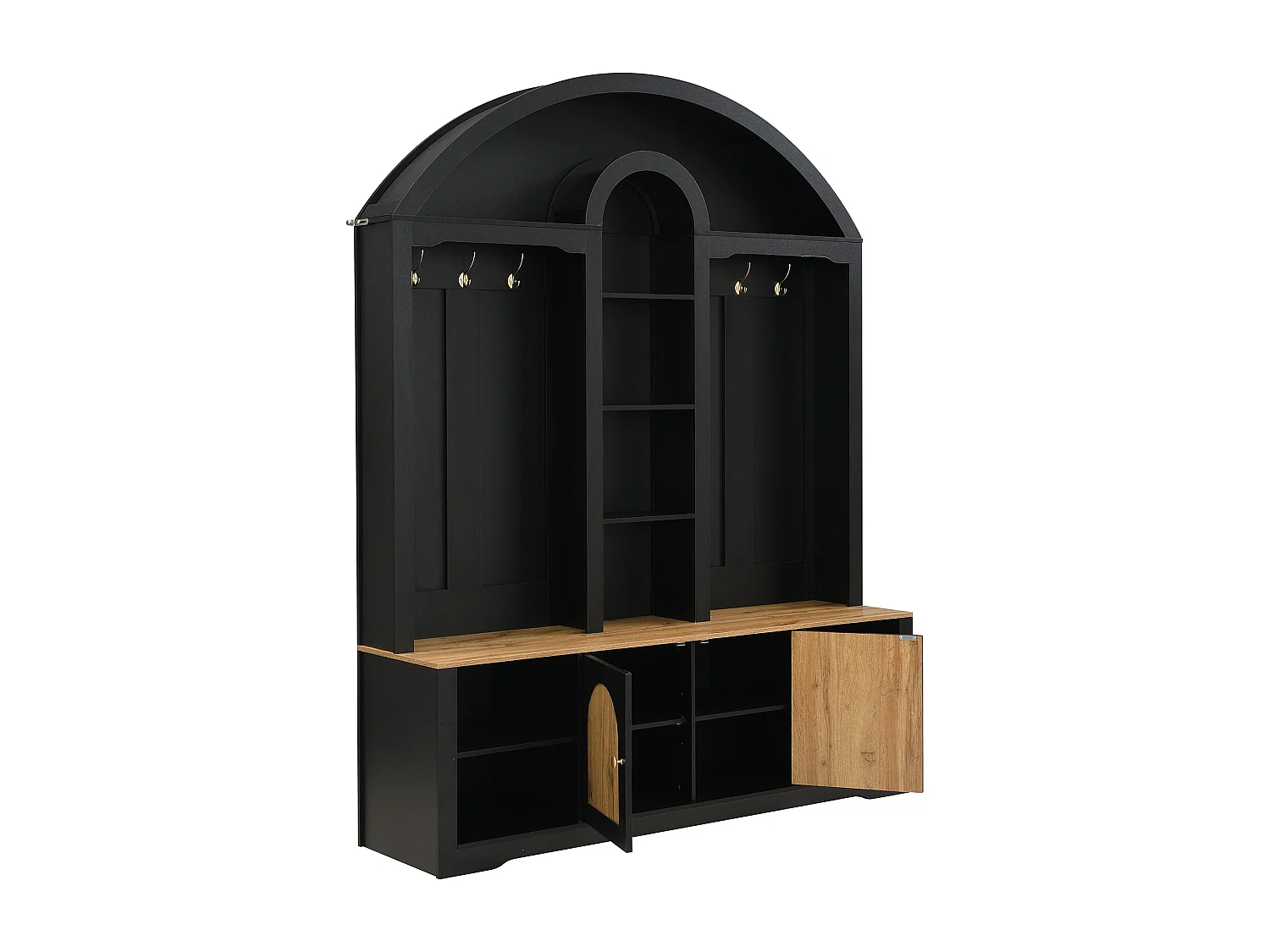 Kledingkast met ledverlichting, schoenenopbergruimte, planken en haken - MDF-hout - Wit en hout