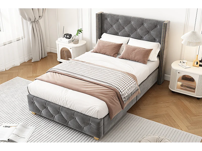 Letto per bambini 90x200cm in velluto grigio - Gambe in legno (materasso non incluso)