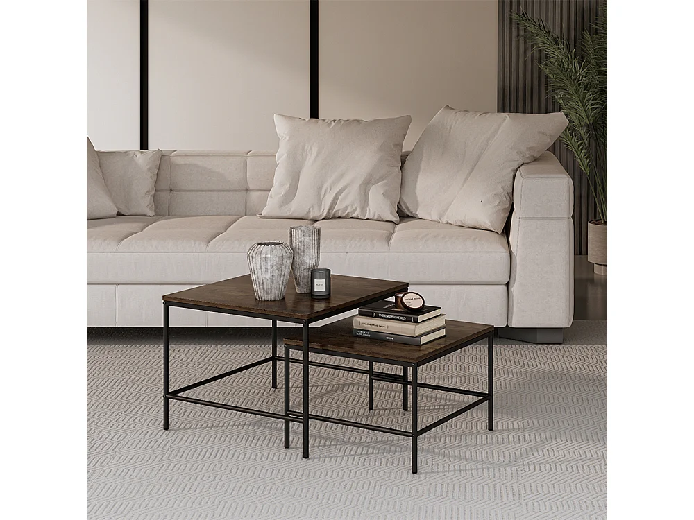 Set de tables basses chêne rustique/noir 60x60x45 ramio