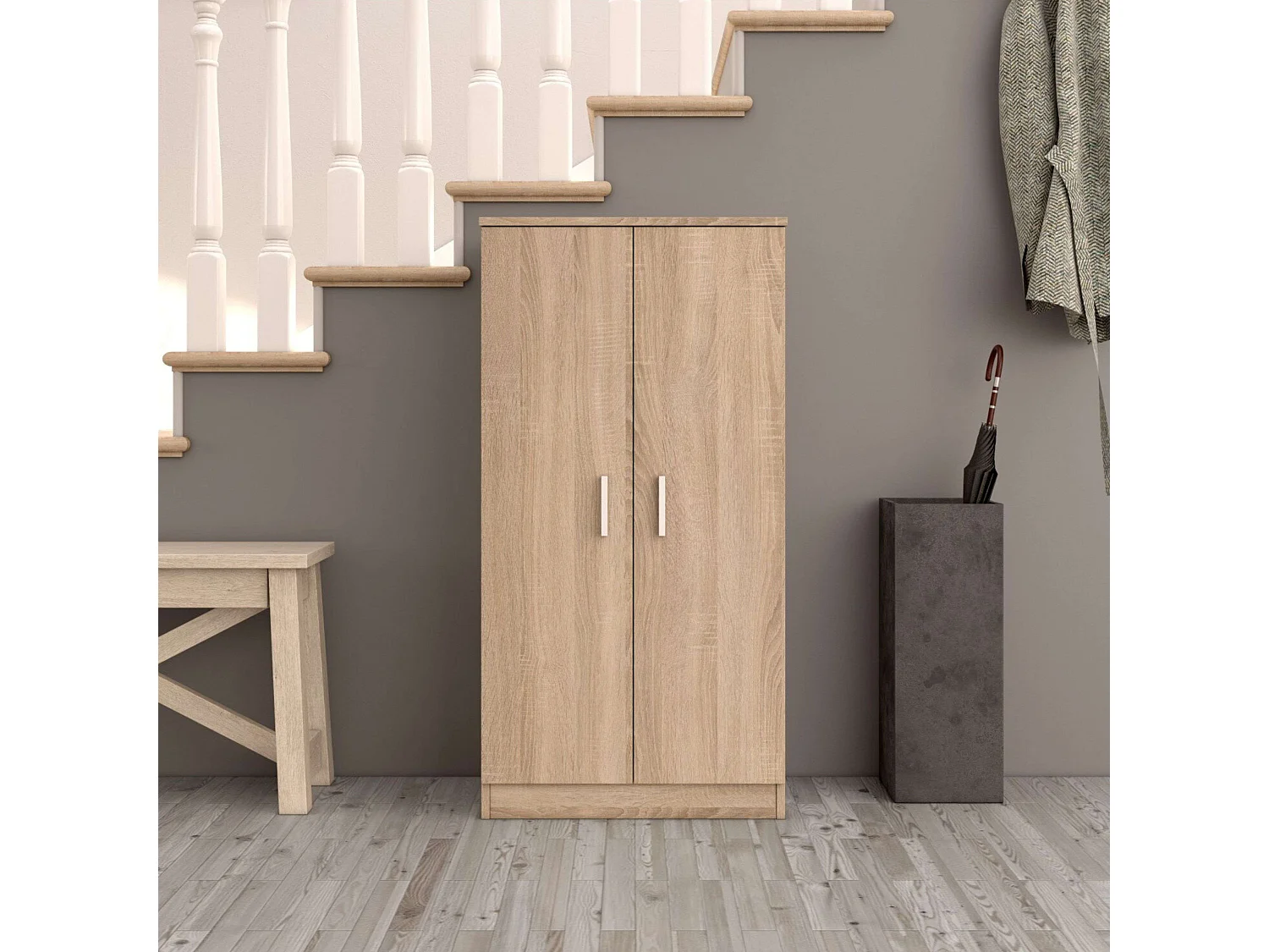 Schoenenkast 2 deuren 30 paar, 6 planken, licht eiken of wit, H108cm, praktische opbergruimte voor hal