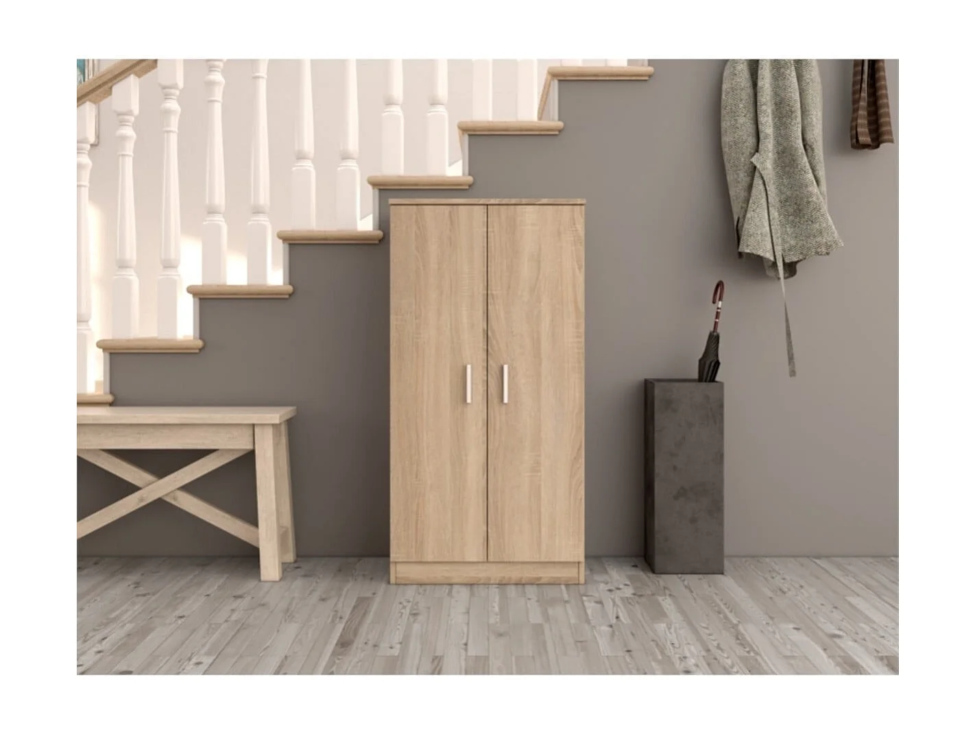 Schoenenkast 2 deuren 30 paar, 6 planken, licht eiken of wit, H108cm, praktische opbergruimte voor hal