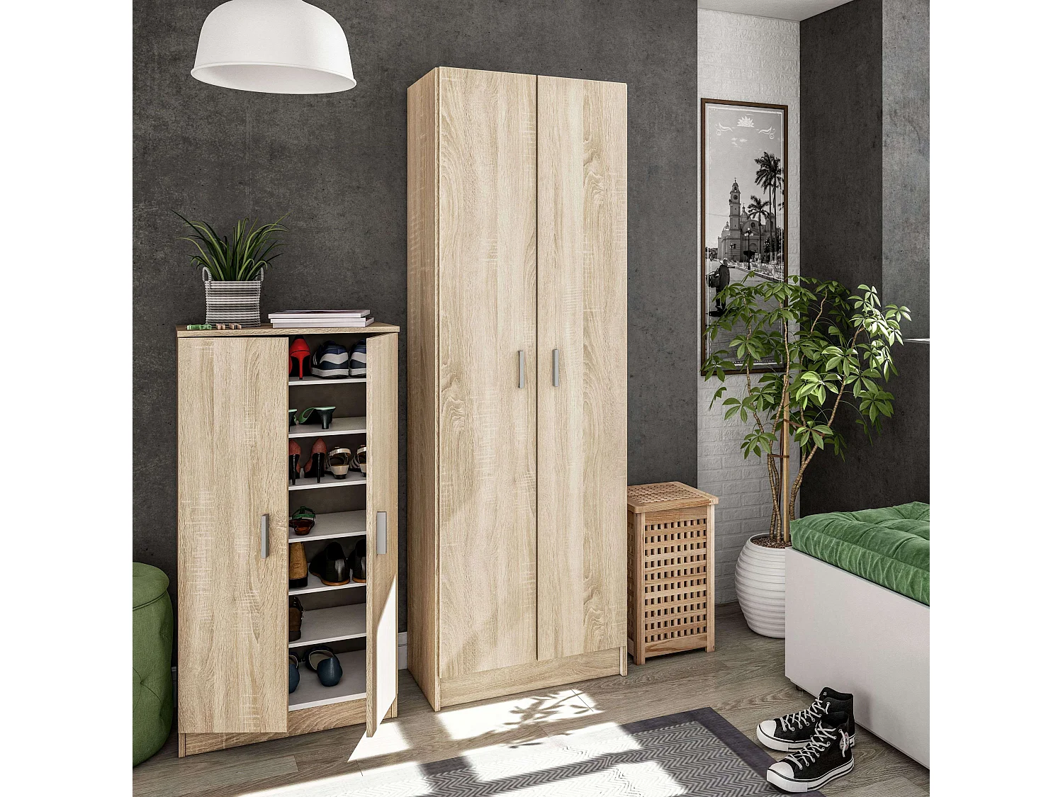Schoenenkast 2 deuren 30 paar, 6 planken, licht eiken of wit, H108cm, praktische opbergruimte voor hal