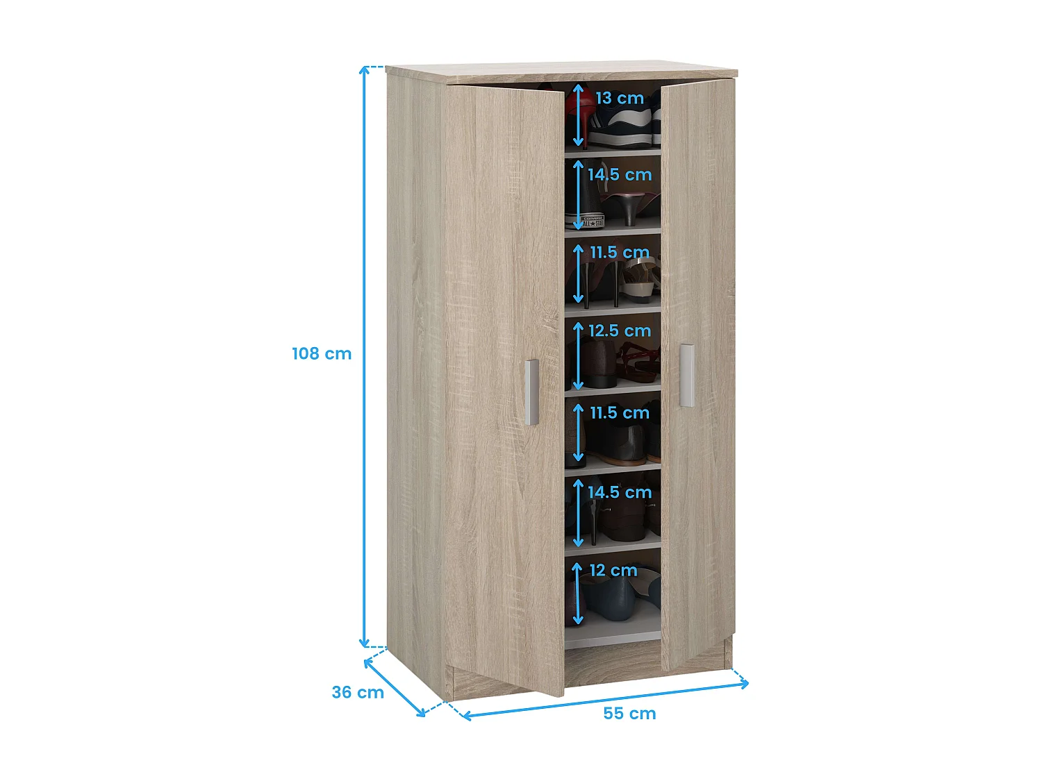 Schoenenkast 2 deuren 30 paar, 6 planken, licht eiken of wit, H108cm, praktische opbergruimte voor hal