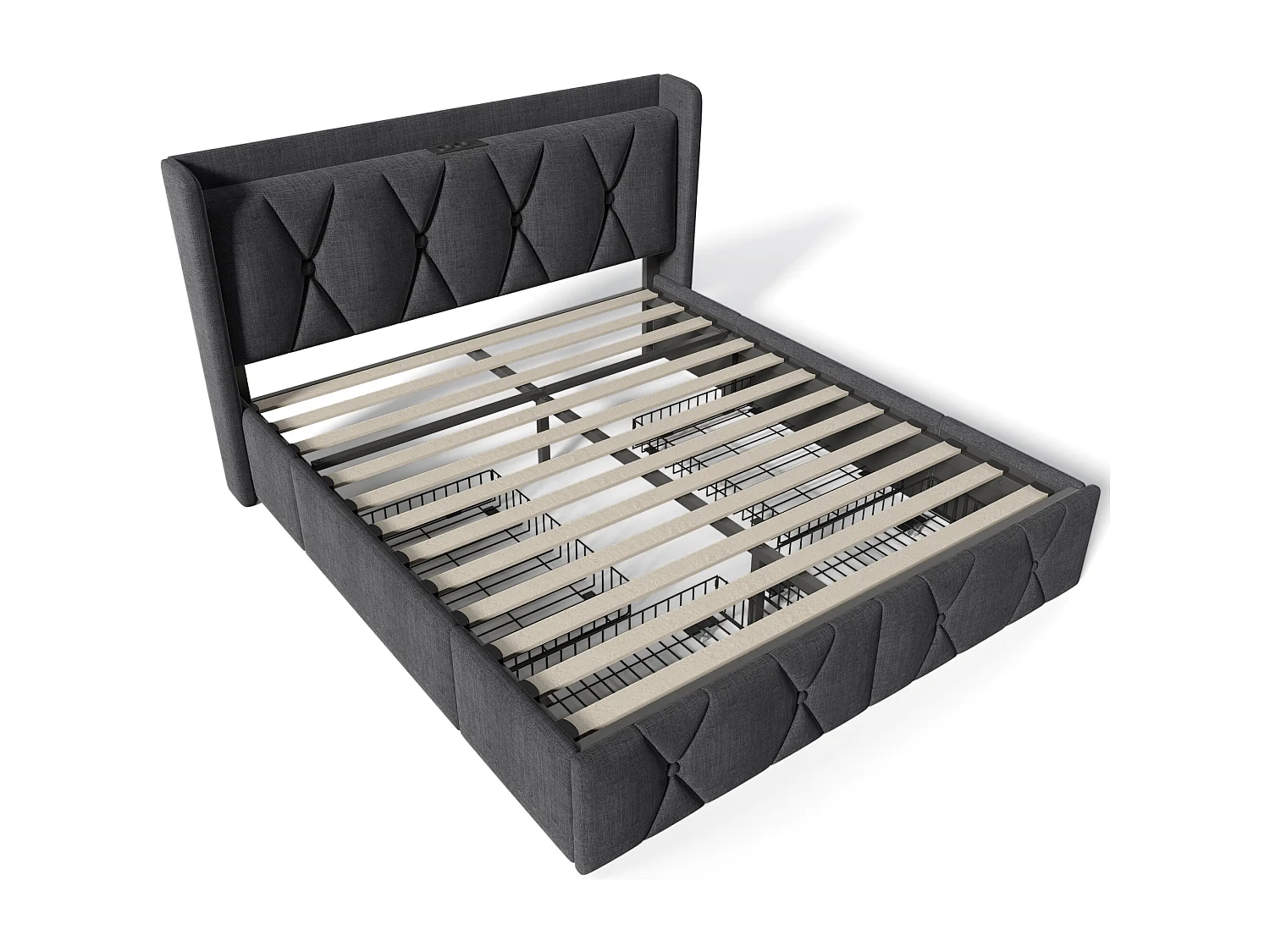 Letto per adulti 140x200 cm con 4 cassetti e porta USB - Tessuto in lino grigio (materasso incluso)