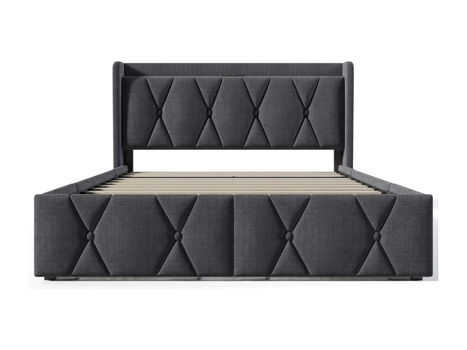 Letto per adulti 140x200 cm con 4 cassetti e porta USB - Tessuto in lino grigio (materasso incluso)