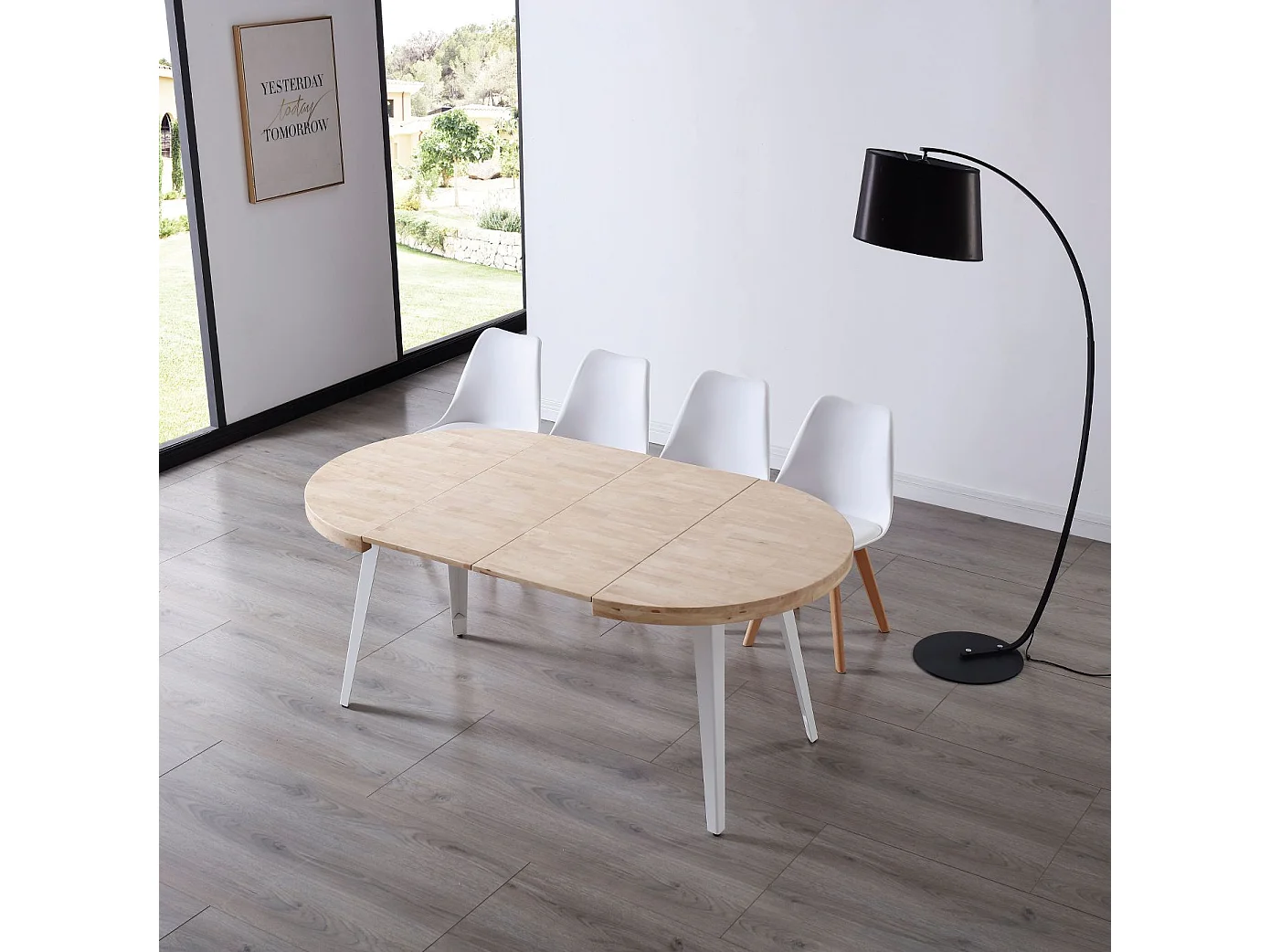 Table ronde extensible Bali en chêne nordique blanc 76x100-180 cm