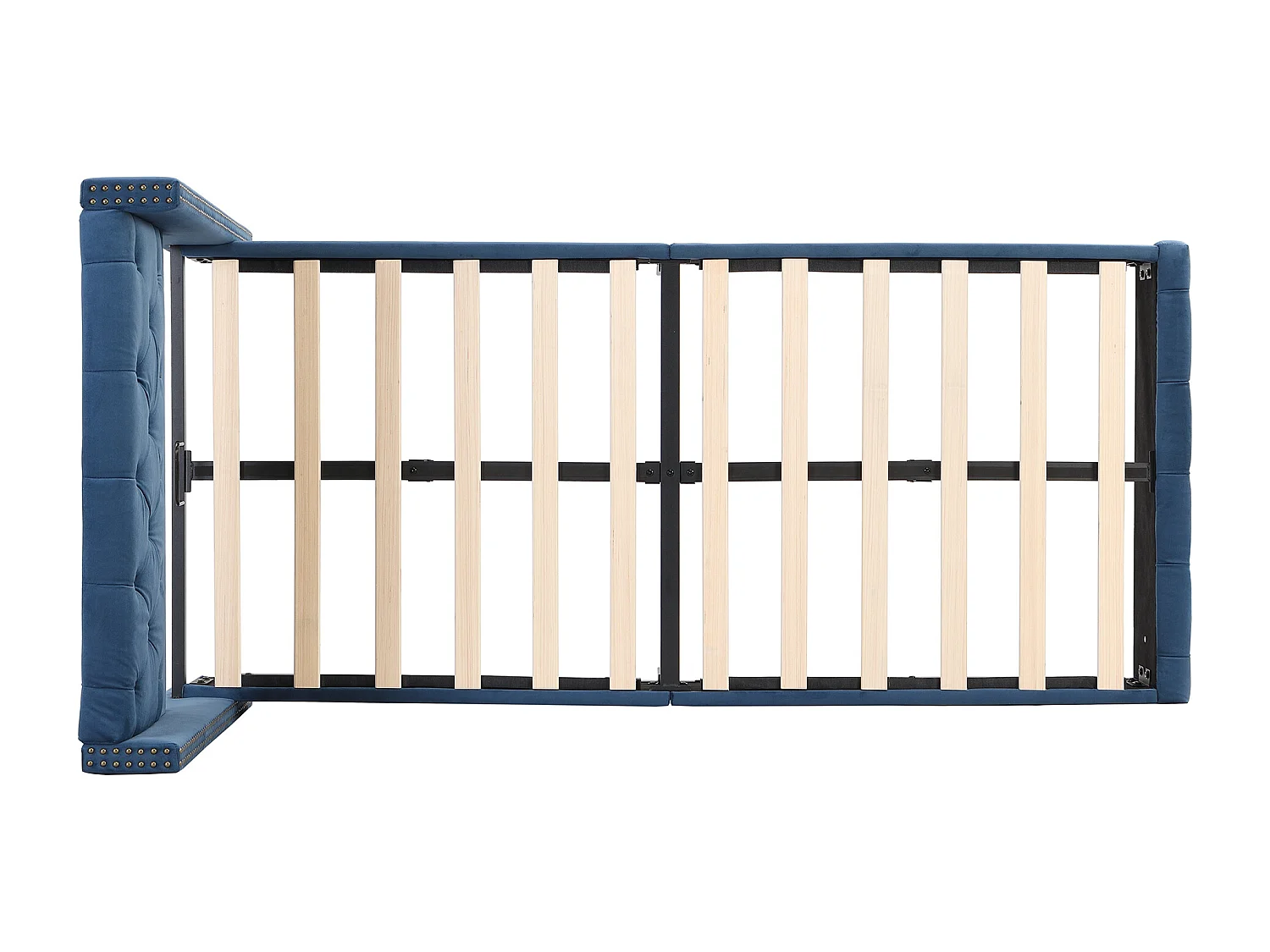 Lit enfant 90x200cm en velours bleu - Pieds en bois (sans matelas)