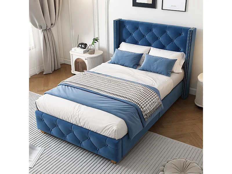 Lit enfant 90x200cm en velours bleu - Pieds en bois (sans matelas)