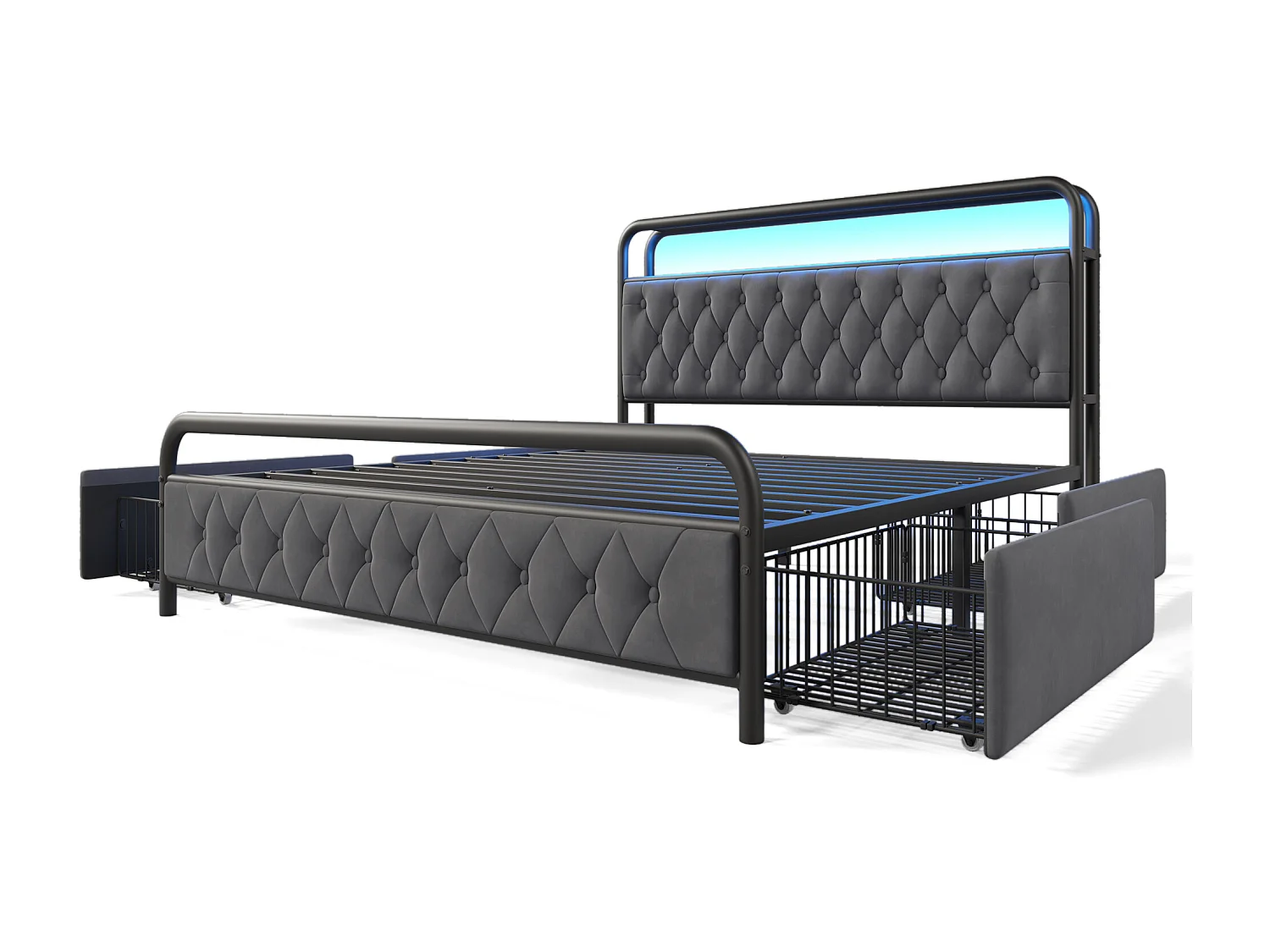 Letto matrimoniale grigio 160x200cm con 4 cassetti, LED, USB e Type-C - Letto in metallo e velluto (con materasso)