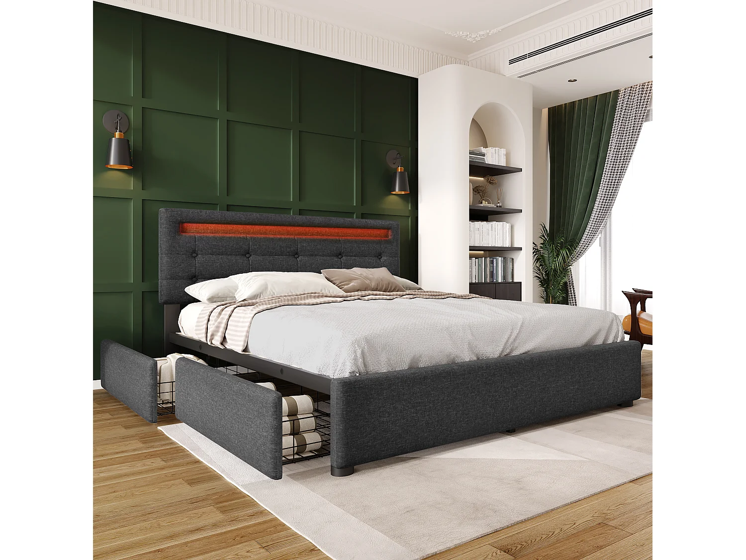 Cama de casal 140x200cm com LED e 4 gavetas - Cabeceira ajustável - Roupa de cama cinzenta (com colchão)