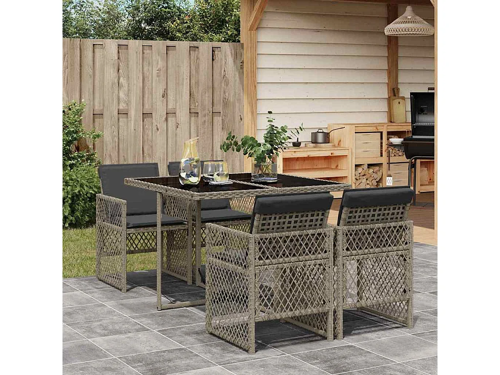 Ensemble à manger de jardin 5 pcs coussins gris résine tressée