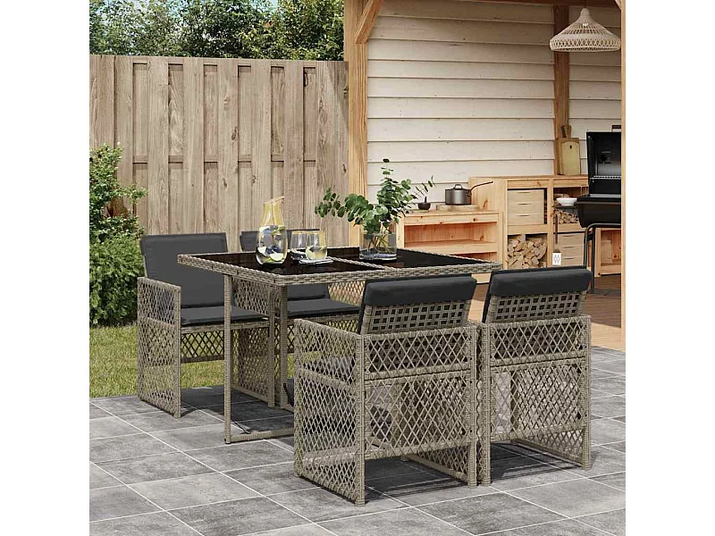 Ensemble à manger de jardin 5 pcs coussins gris résine tressée