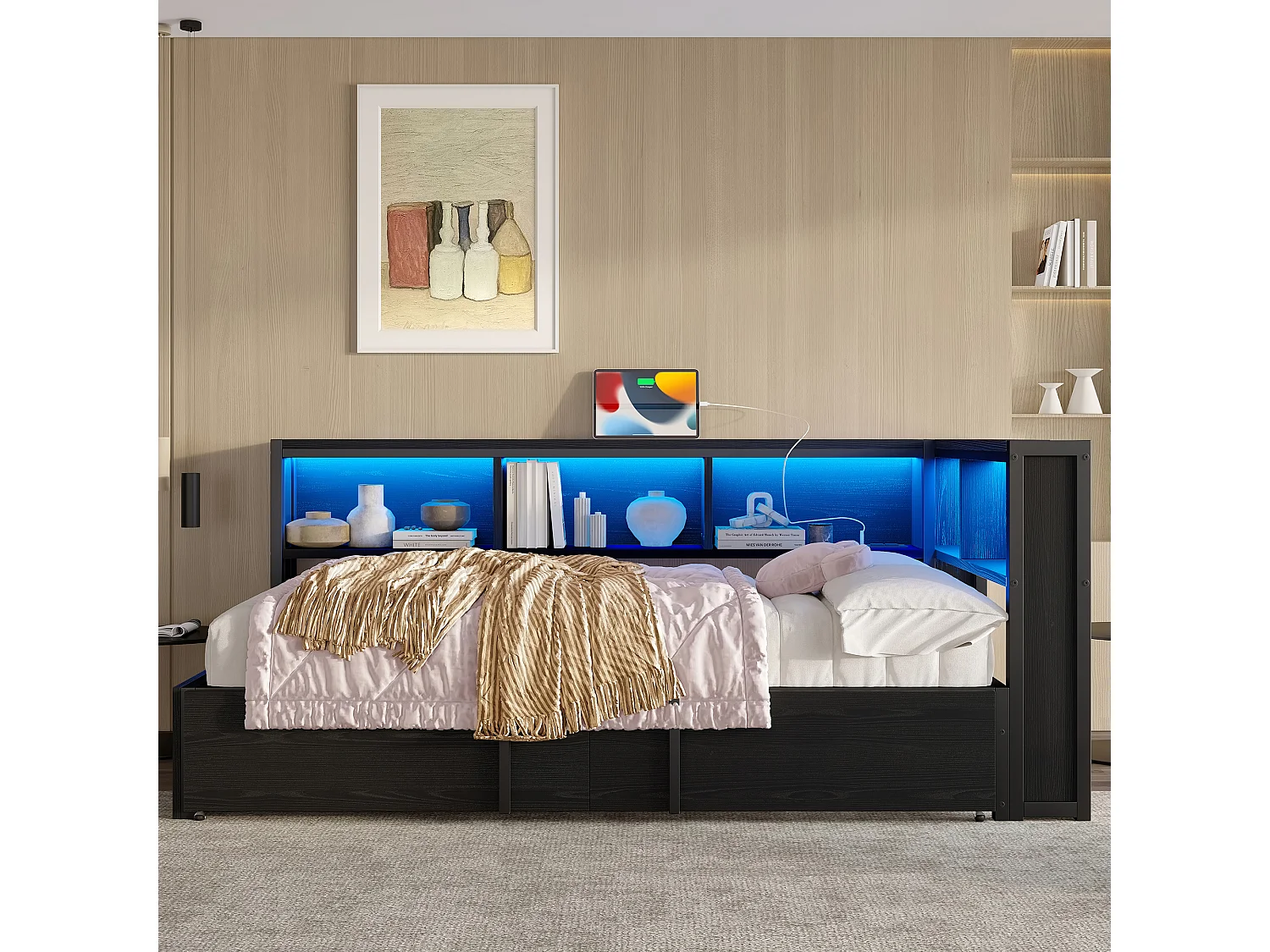 Sofá-cama 90x200cm com cama auxiliar 90x190cm - LED, USB e espaço para arrumação - Metal e madeira MDF - Preto