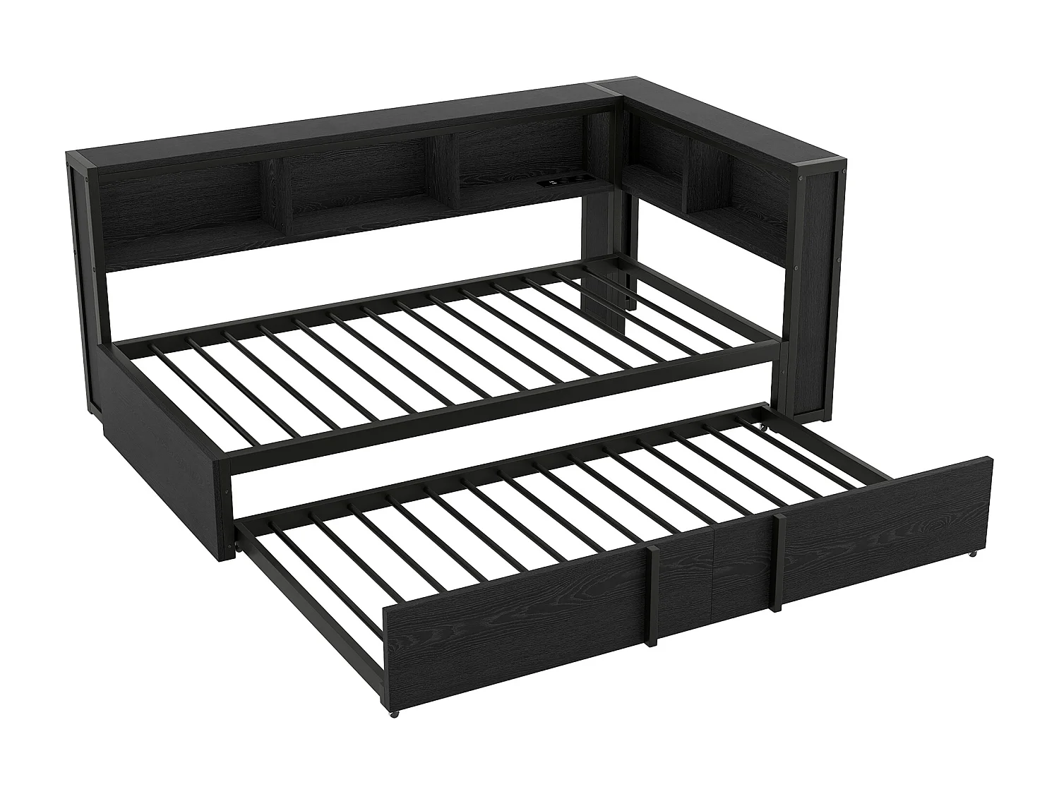 Sofá-cama 90x200cm com cama auxiliar 90x190cm - LED, USB e espaço para arrumação - Metal e madeira MDF - Preto