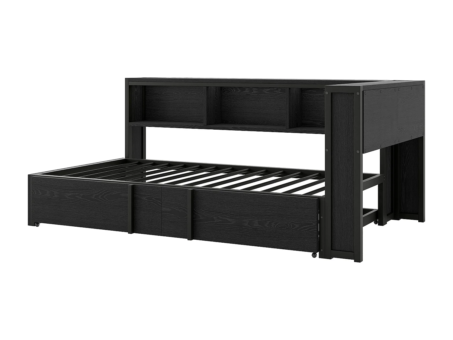 Sofá-cama 90x200cm com cama auxiliar 90x190cm - LED, USB e espaço para arrumação - Metal e madeira MDF - Preto