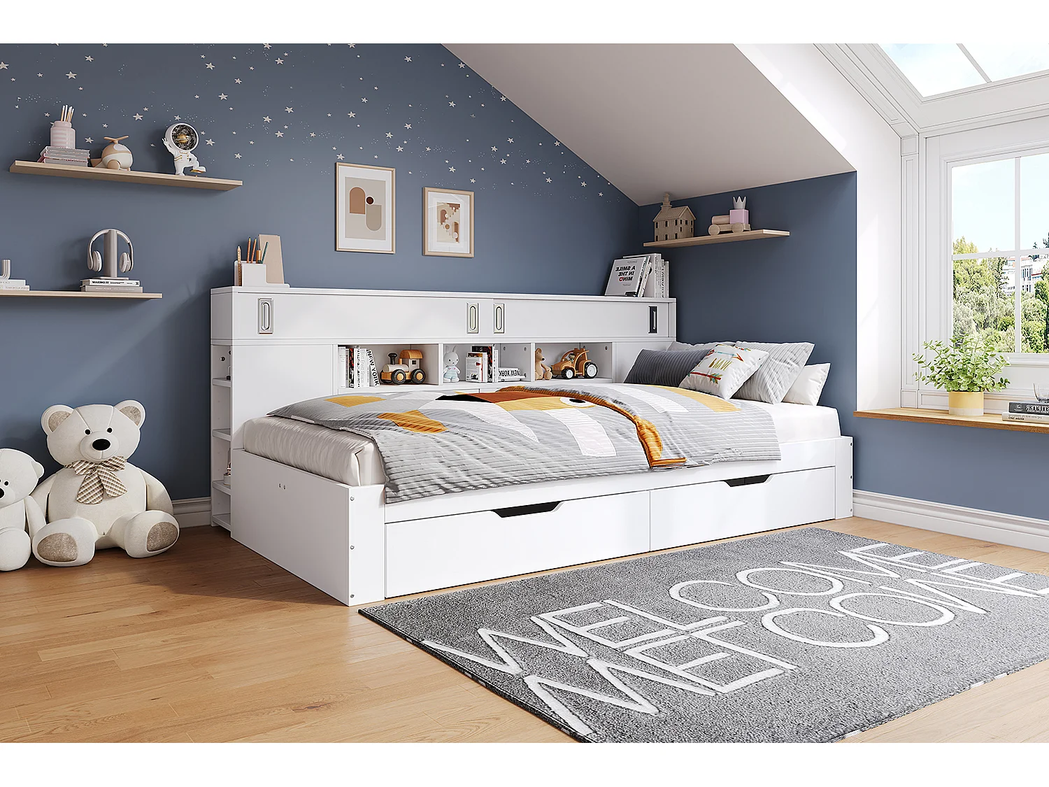 Divano letto singolo 90x200cm con 2 cassetti e ripiano - Legno MDF - Bianco