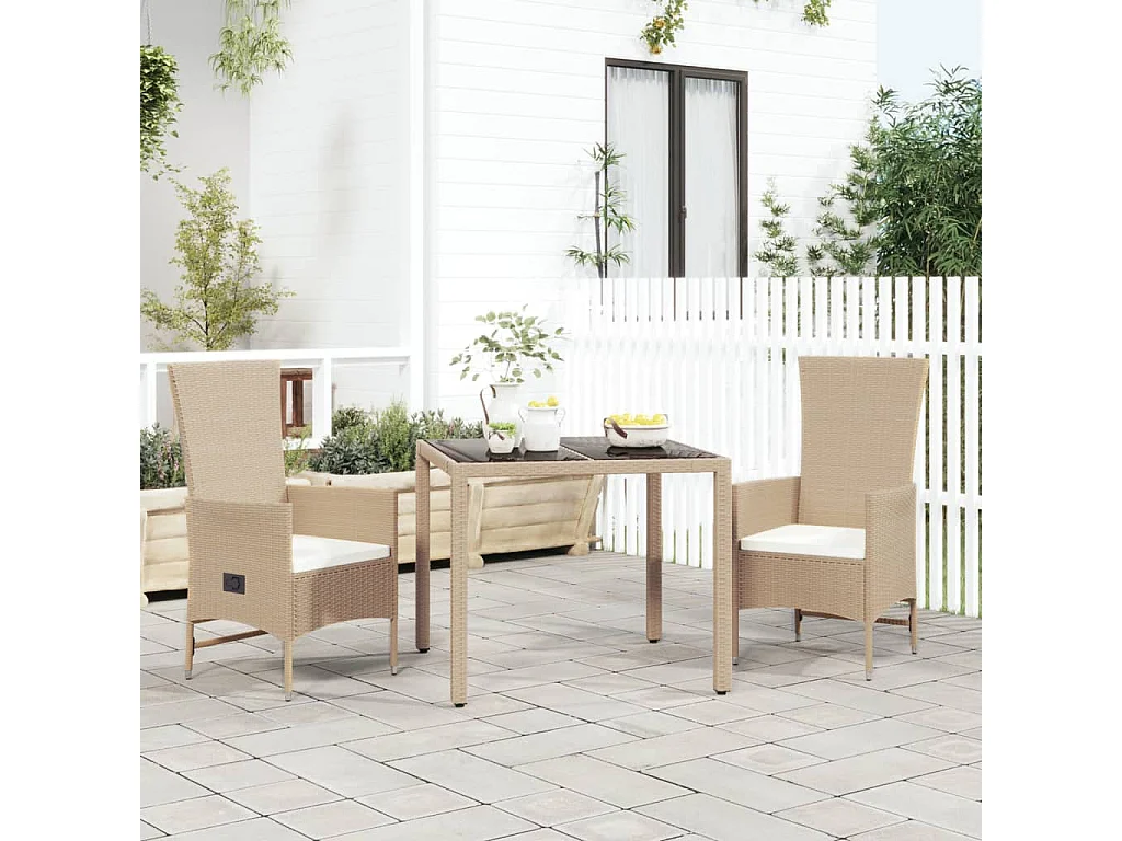 Set da Pranzo da Giardino 3 pz con Cuscini Beige in Polyrattan