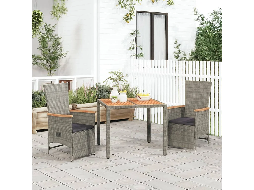Set da Pranzo da Giardino 3 pz con Cuscini in Polyrattan Grigio