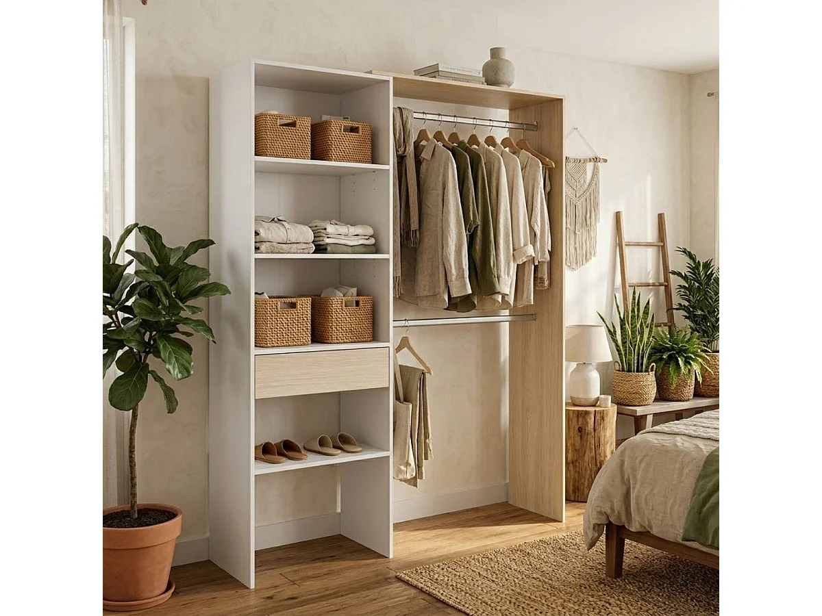 Biała i dębowa szafka ubraniowa - wys. 187 cm